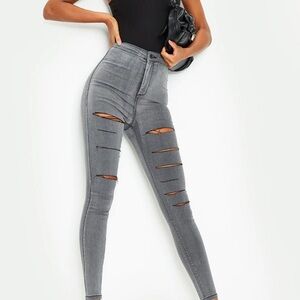 PRETTYLITTLETHING Washed  Grey Rip Ripped Disco Skinny Jeans